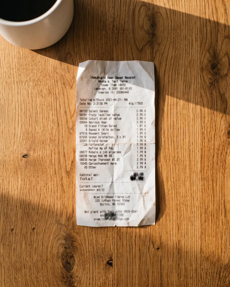A crumpled receipt on a wooden kitchen table beside a coffee mug